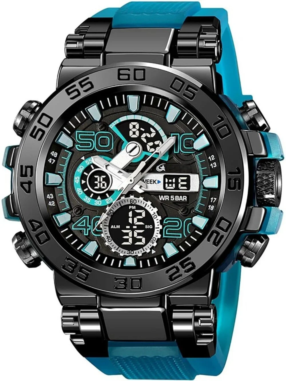 Men Tran Blue Analog Quartz Waterproof Sports Outdoor Military LED Digital Watch